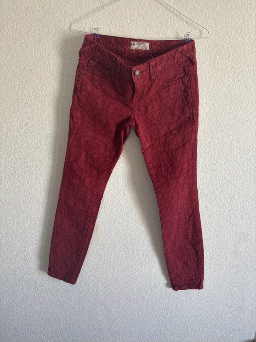 Free People Wine Red Textured Skinny Jeans